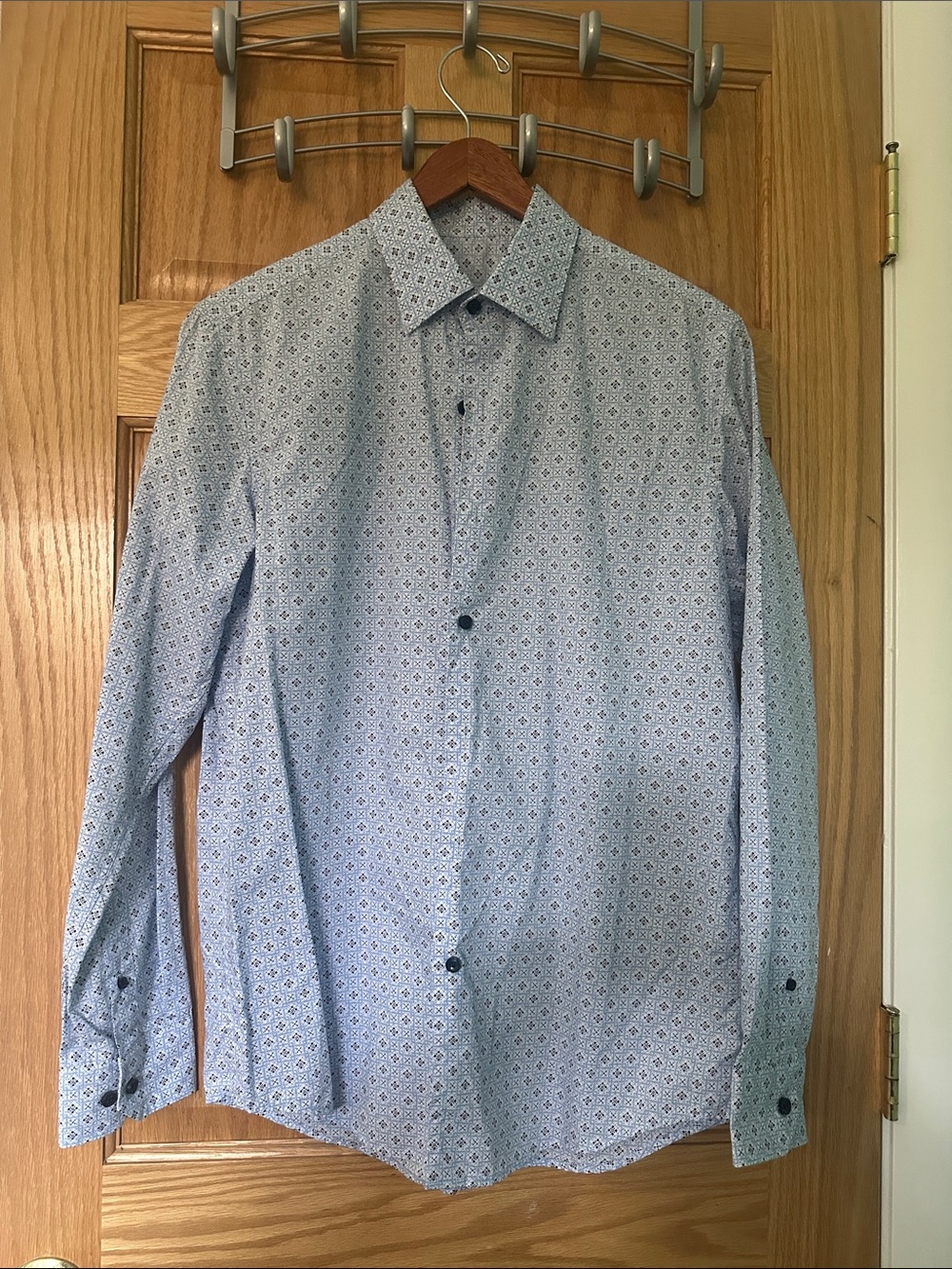 Men's Light Blue Printed Long-Sleeve Dress Shirt — Tailored Point Collar